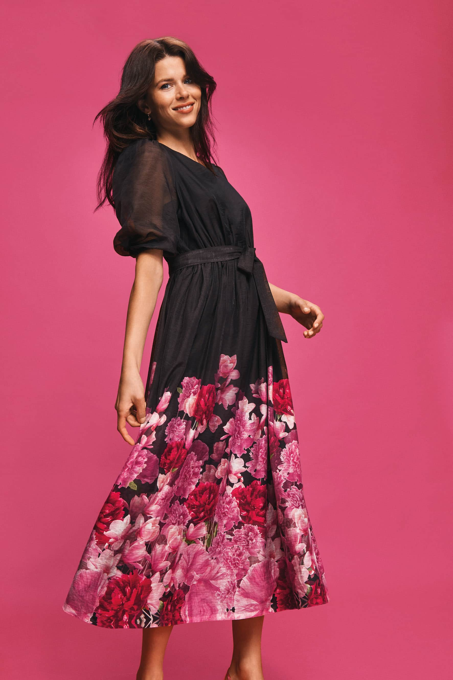 Black Maxi Dress with Floral Print Hemline