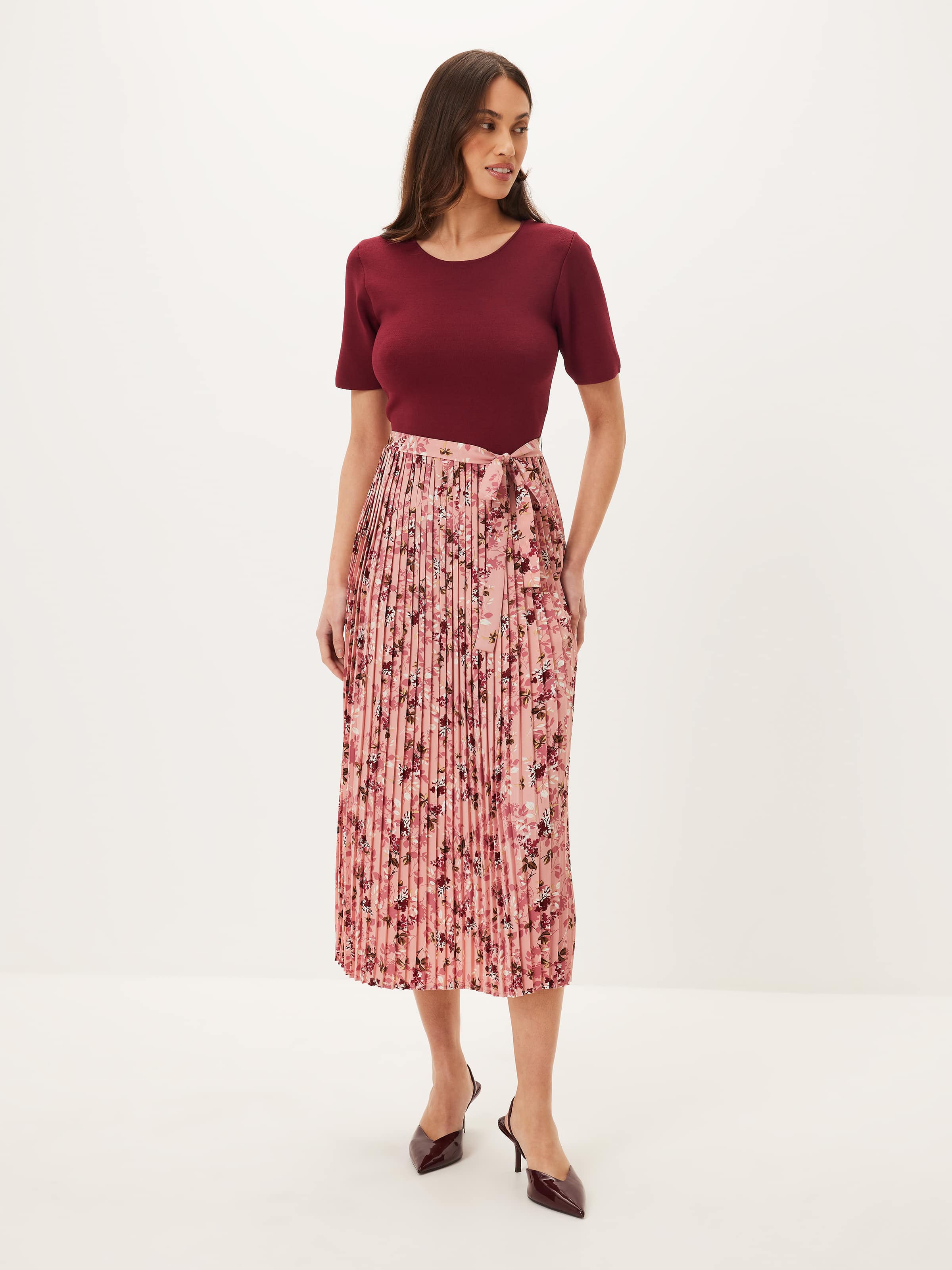 Pleated Knit Woven Midi Dress