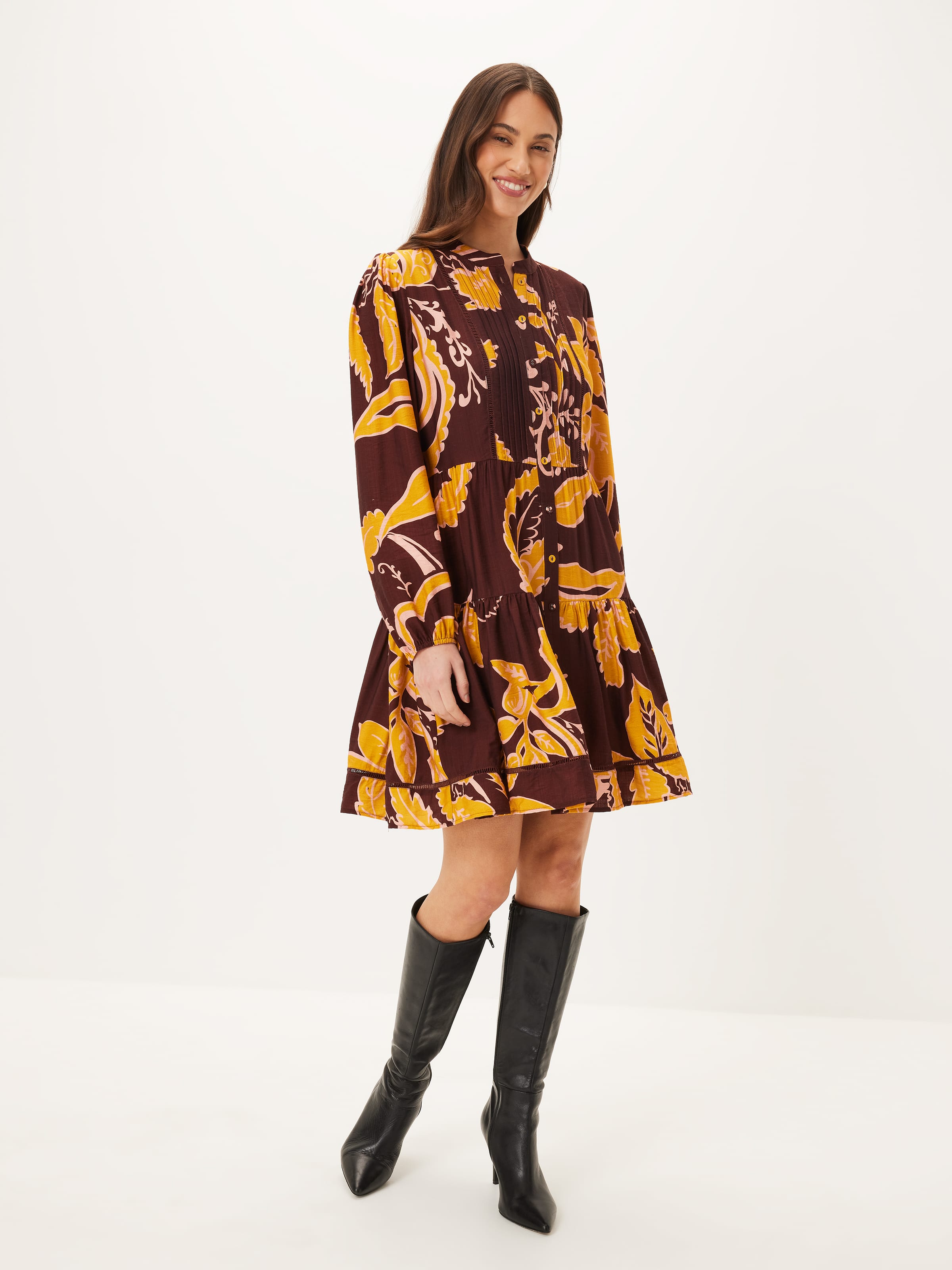 Millie Pintuck Long Sleeve Dress