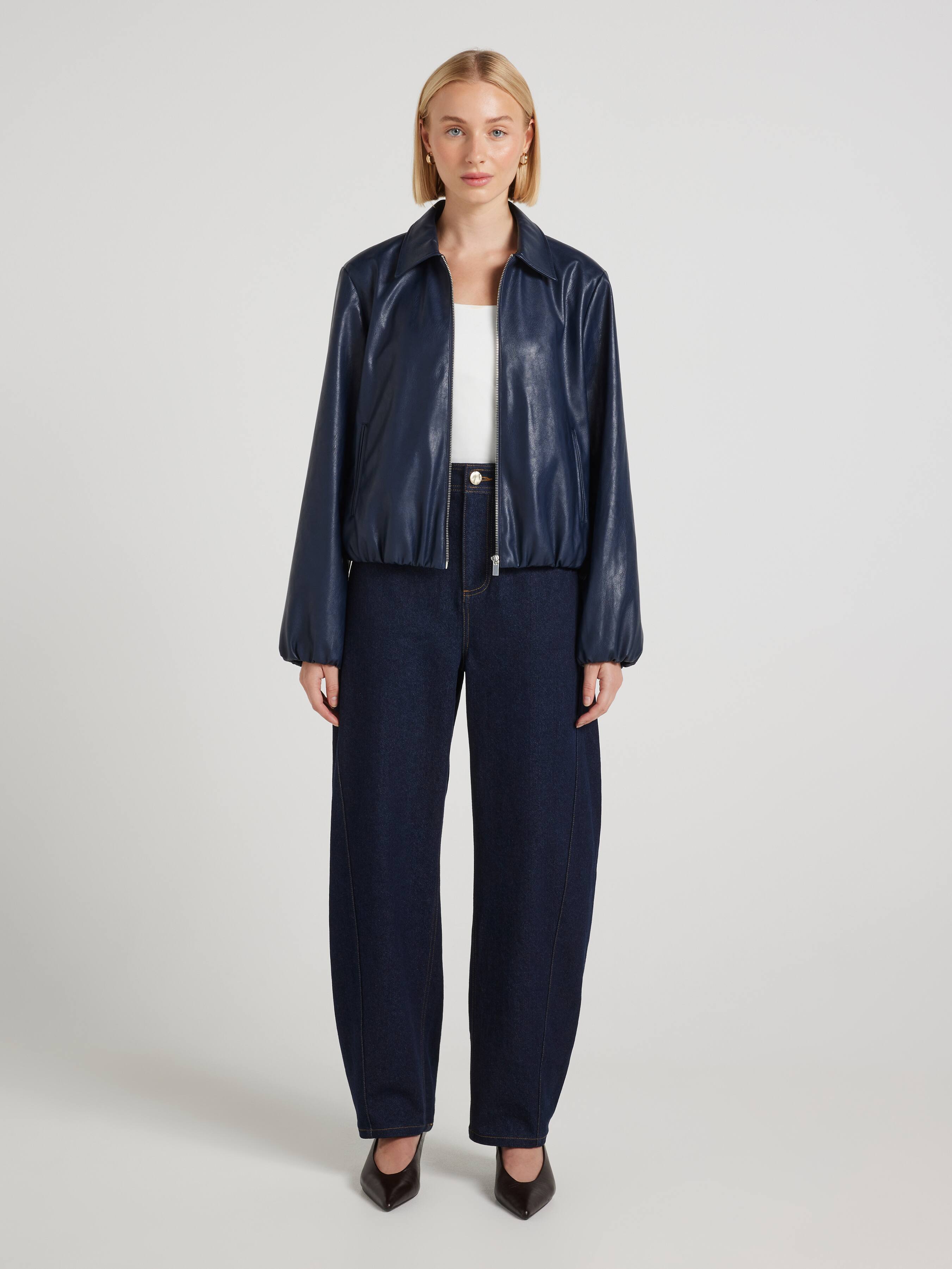 Most Popular Spinning Around Faux Leather Bomber Jacket