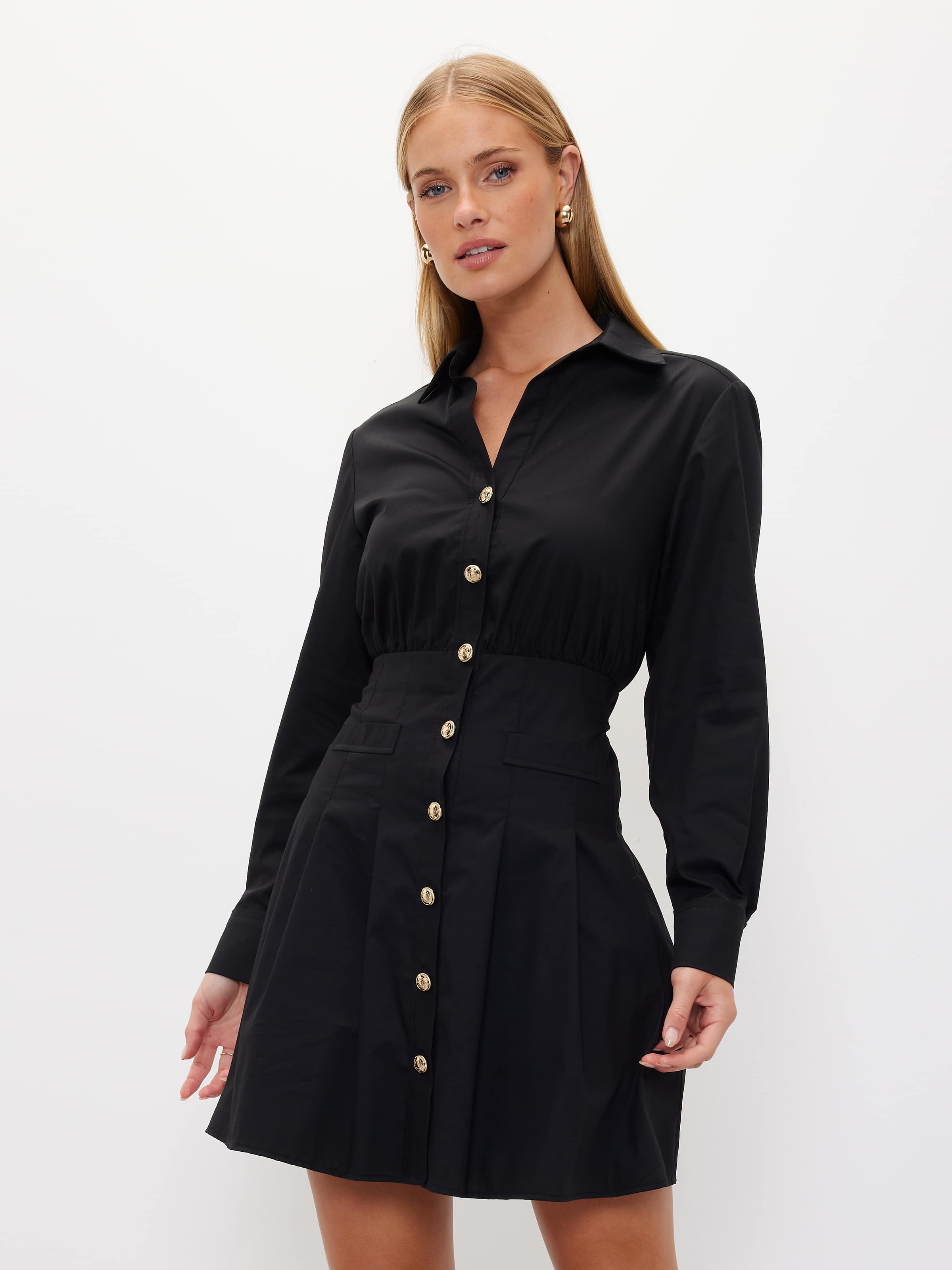 Aurora - Long-Sleeve V-Neck Button Accent Houndstooth Mini A-Line
