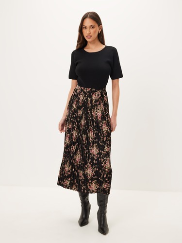 Pleated Knit Woven Midi Dress                                                                                                   