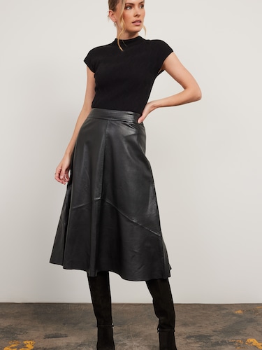 Black Leather Look Panelled A-Line Midi Skirt