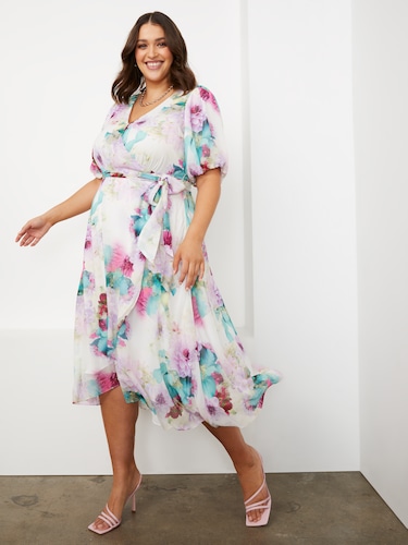 Curve Juliette Puff Sleeve Wrap Midi Dress                                                                                      