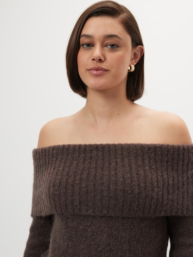 Fluffy Off Shoulder Long Sleeve Knit                                                                                            