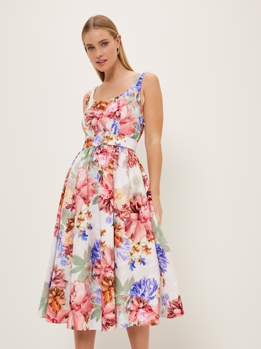 ASOS Belted Midi Dress with Split Cap Sleeve in Occasion Floral