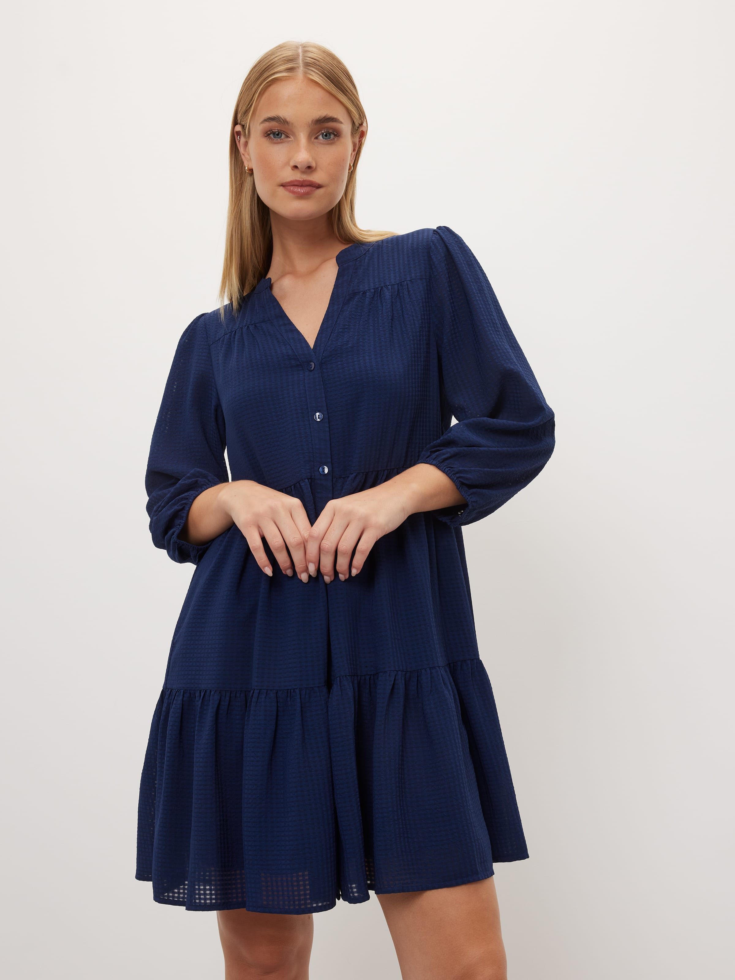 Ellie Tiered Textured Shirt Dress Navy - Portmans Online