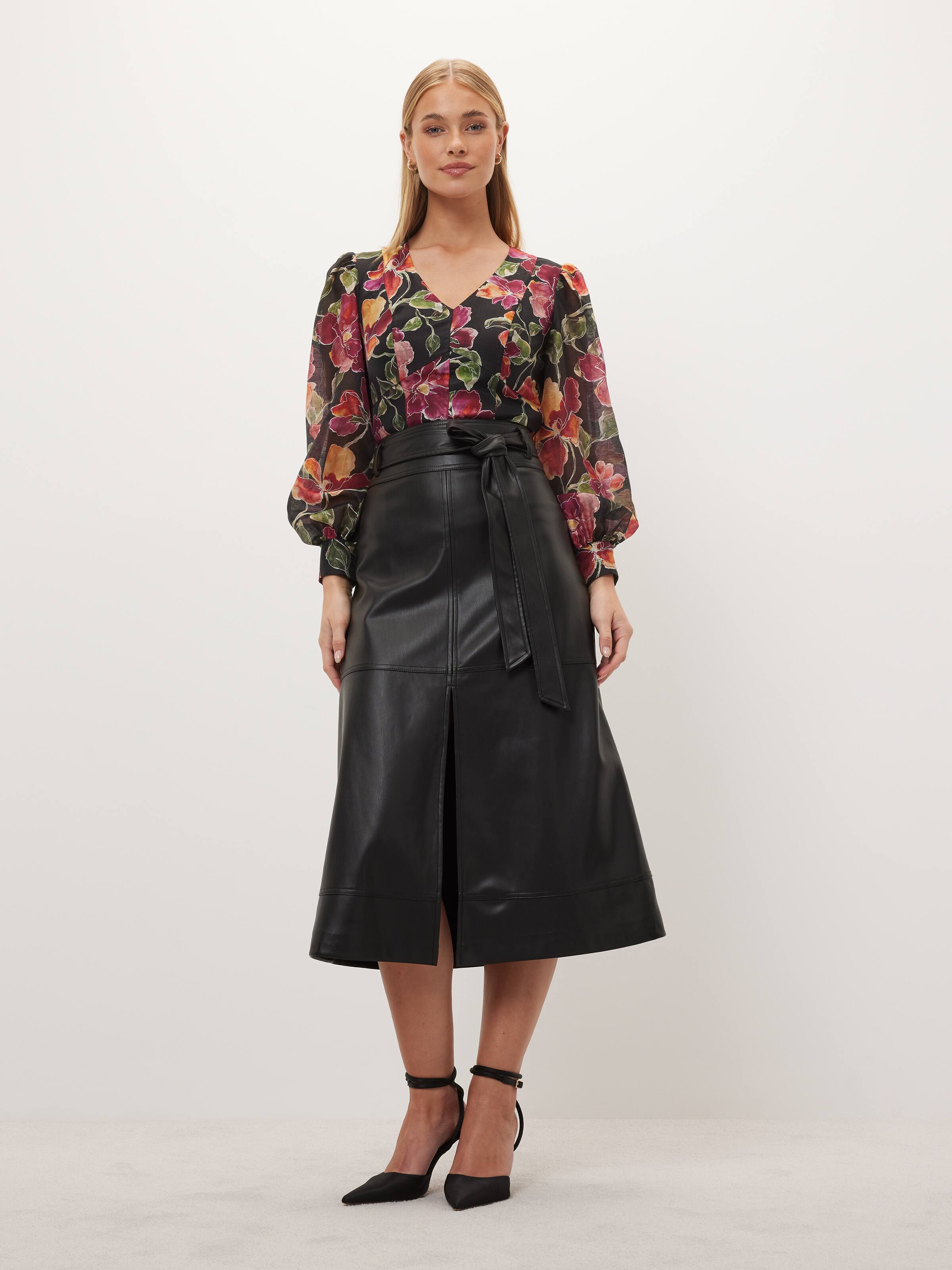 Peppa Faux Leather Tiered Midi Skirt Black - Portmans Online
