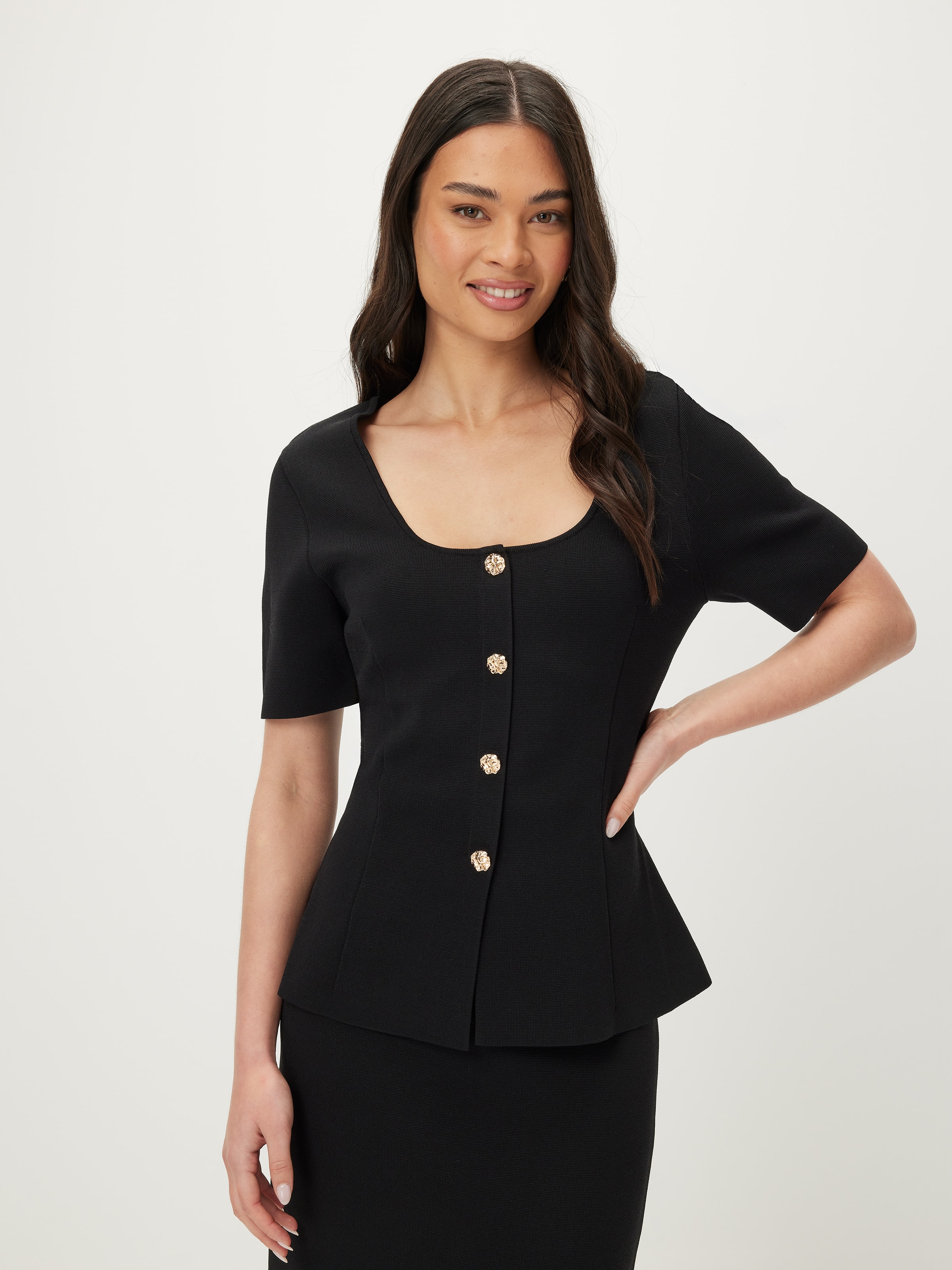 Sadie Button Through Knit Top Black - Portmans Online