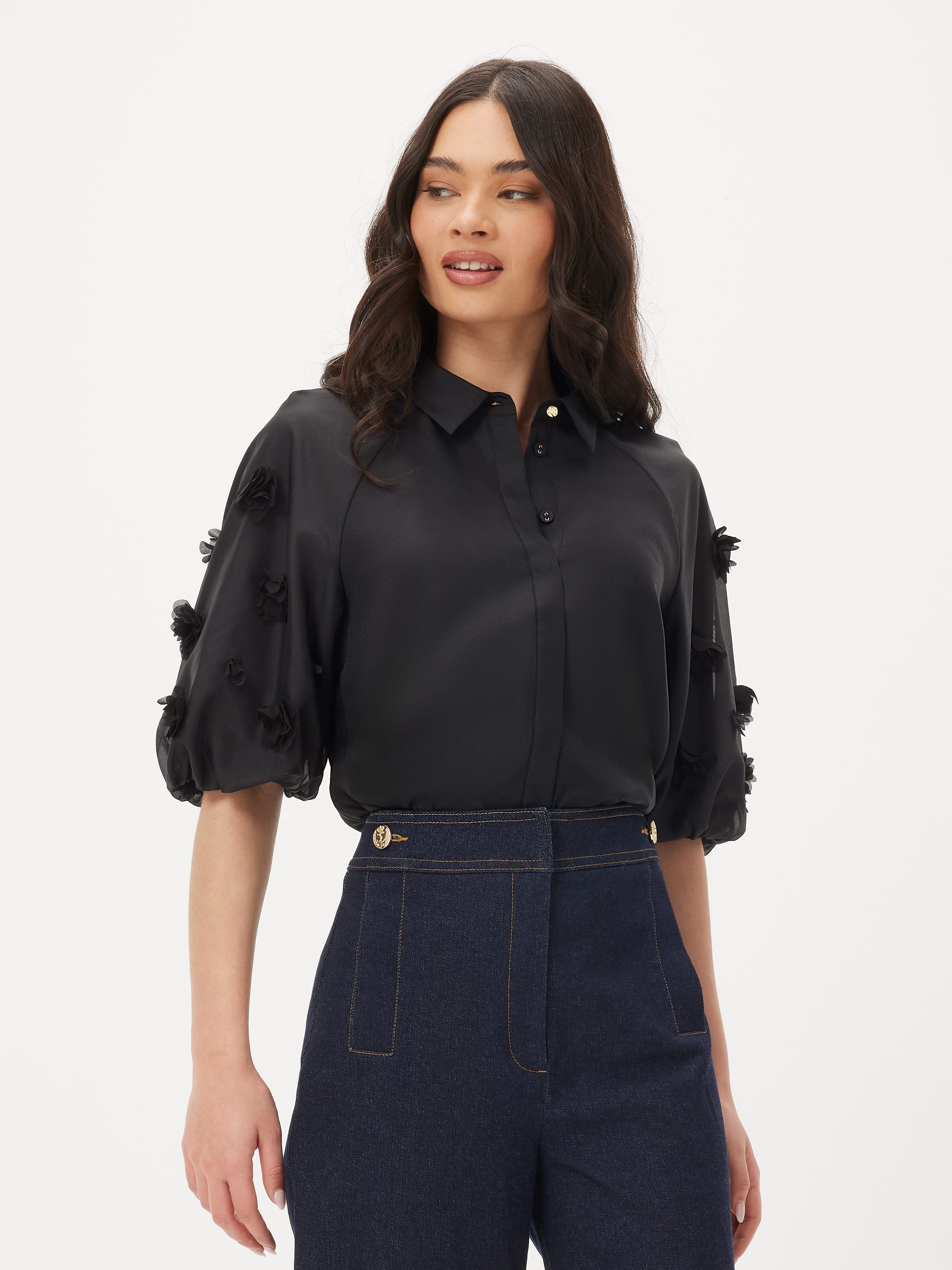 Rosa Flower Sleeve Shirt Black - Portmans Online