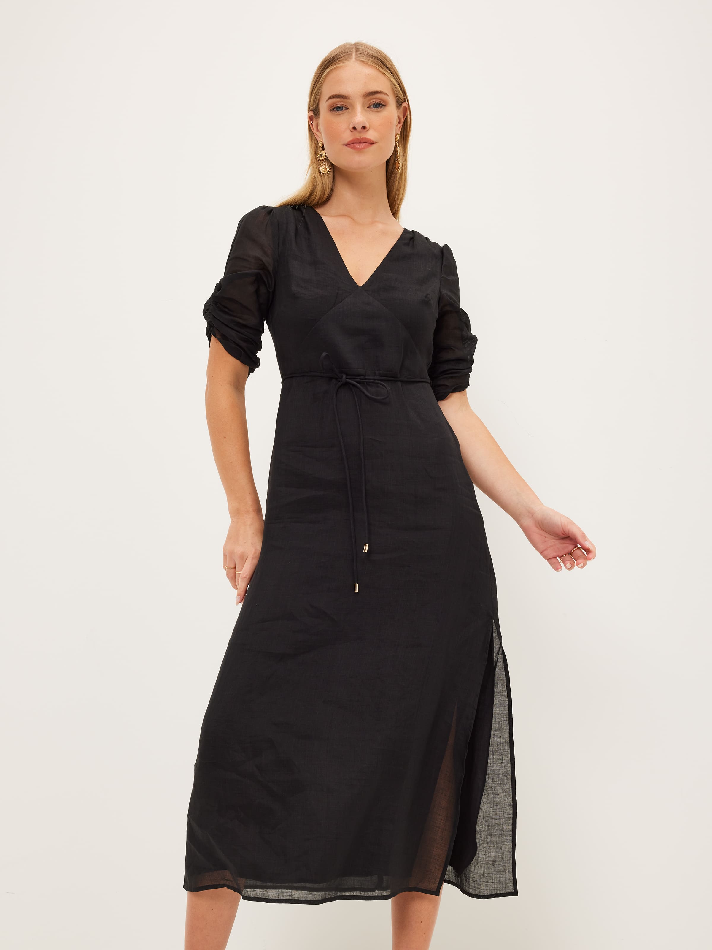 Kristin Ruched Sleeve Midi Dress Black - Portmans Online